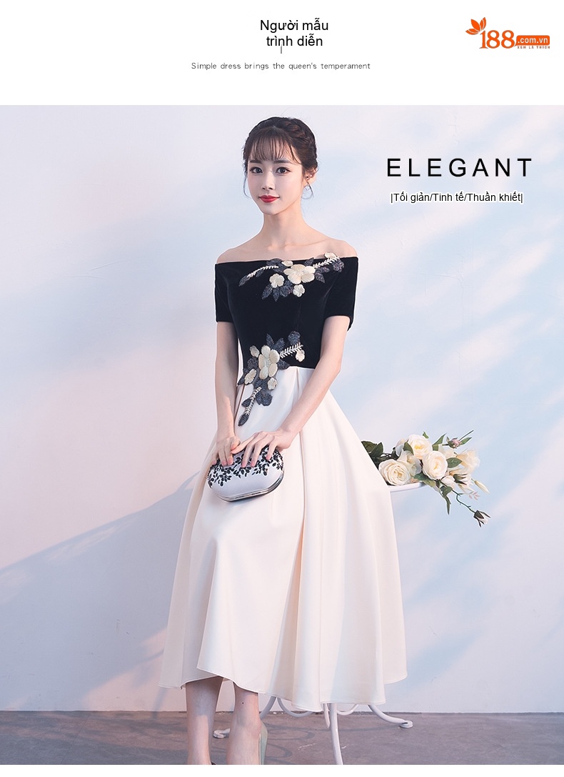 Váy Dạ Hội Nữ Hở Vai dáng chữ A Chiều Dài Vừa Phải Trang Trọng Thanh Lịch Màu Đen, Trắng chi tiết 5