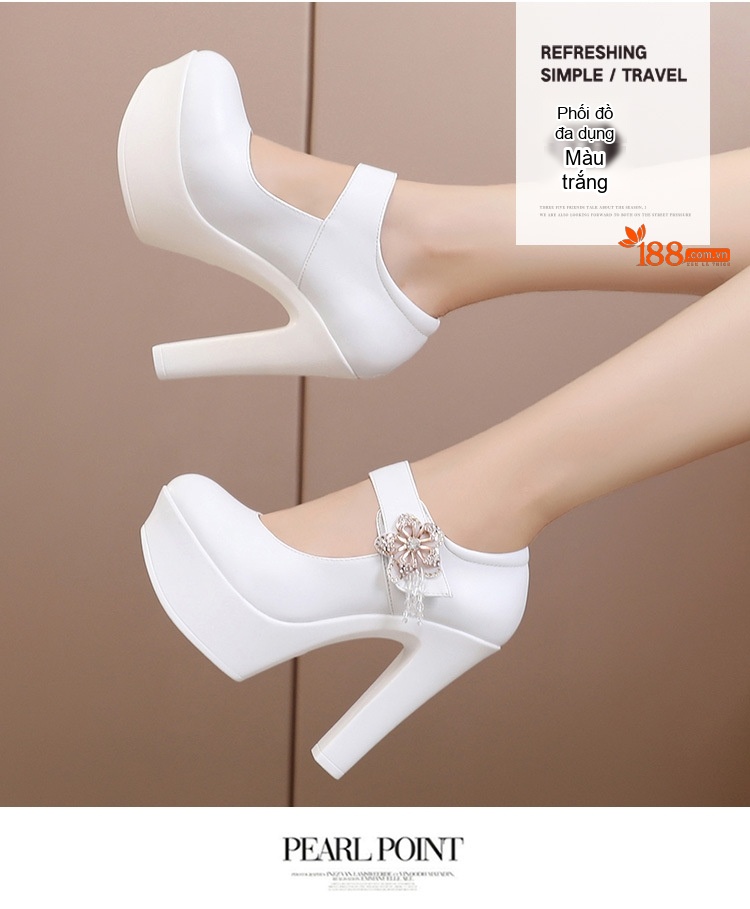 Giày Cao Gót Quai Ngang Bề Mặt Da Bóng Chiều Cao Đế 13cm Màu Đen, Trắng, Bạc chi tiết 10