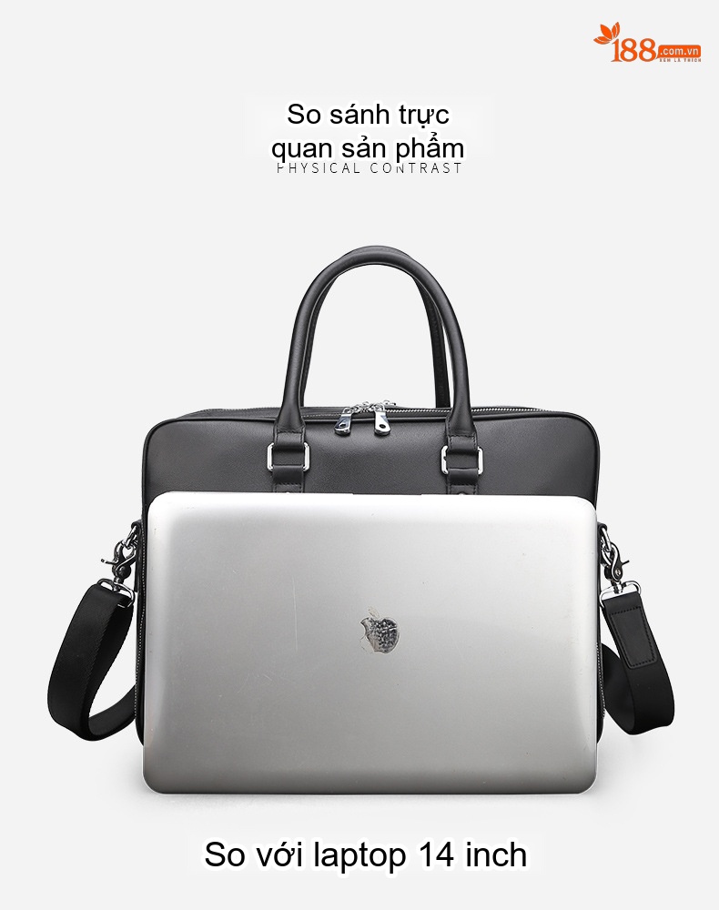 Cặp Túi Công Sở Nam Da Bò Đựng Laptop 14 Inch Đeo Vai Màu Đen chi tiết 5