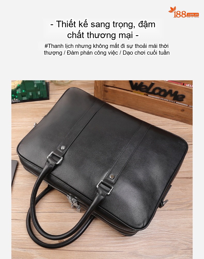 Cặp Túi Công Sở Nam Da Bò Đựng Laptop 14 Inch Đeo Vai Màu Đen chi tiết 4
