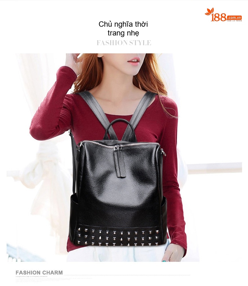 Balo Nữ Da Bóng Đính Đinh Tán Phong Cách Hàn Quốc Màu Đen chi tiết 10