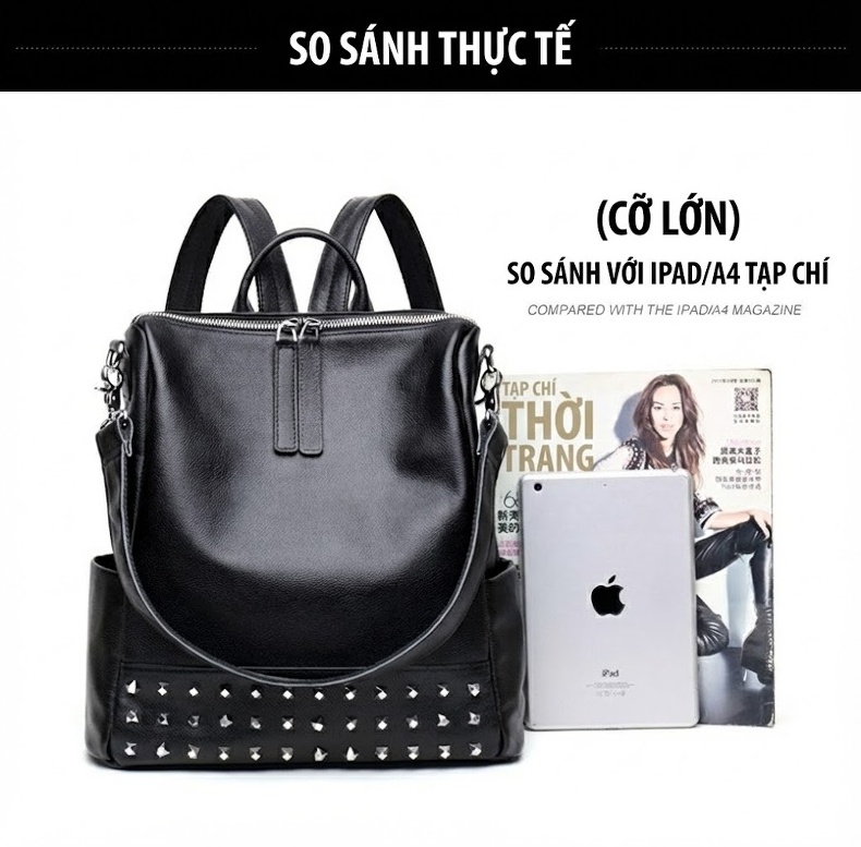Balo Nữ Da Bóng Đính Đinh Tán Phong Cách Hàn Quốc Màu Đen chi tiết 19