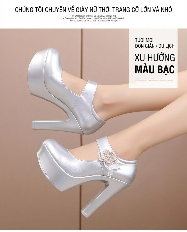 Giày Cao Gót Quai Ngang Bề Mặt Da Bóng Chiều Cao Đế 13cm Màu Đen, Trắng, Bạc chi tiết 12
