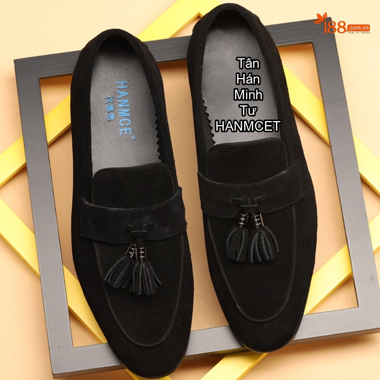 Giày Lười Nam Da Mờ Chiều Cao Đế Khoảng 2cm Thiết Kế Tua Rua Màu Xanh Navy, Đỏ Rượu, Đen, Nâu