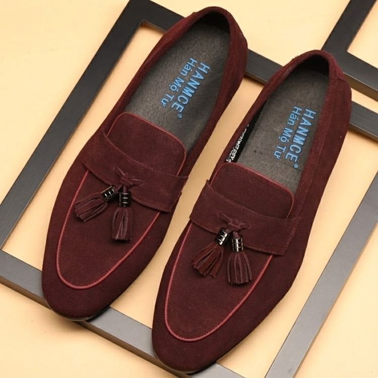 Giày Lười Nam Da Mờ Chiều Cao Đế Khoảng 2cm Thiết Kế Tua Rua Màu Xanh Navy, Đỏ Rượu, Đen, Nâu