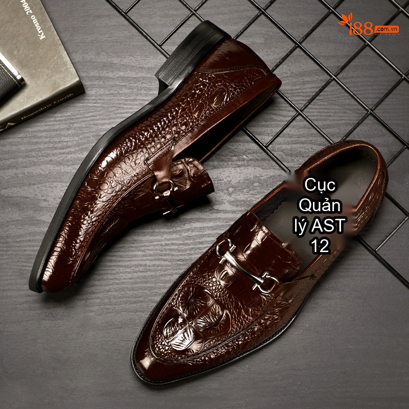 Giày Lười Nam Da Bò Vân Cá Sấu Chiều Cao Đế Khoảng 3cm Màu Đen, Nâu