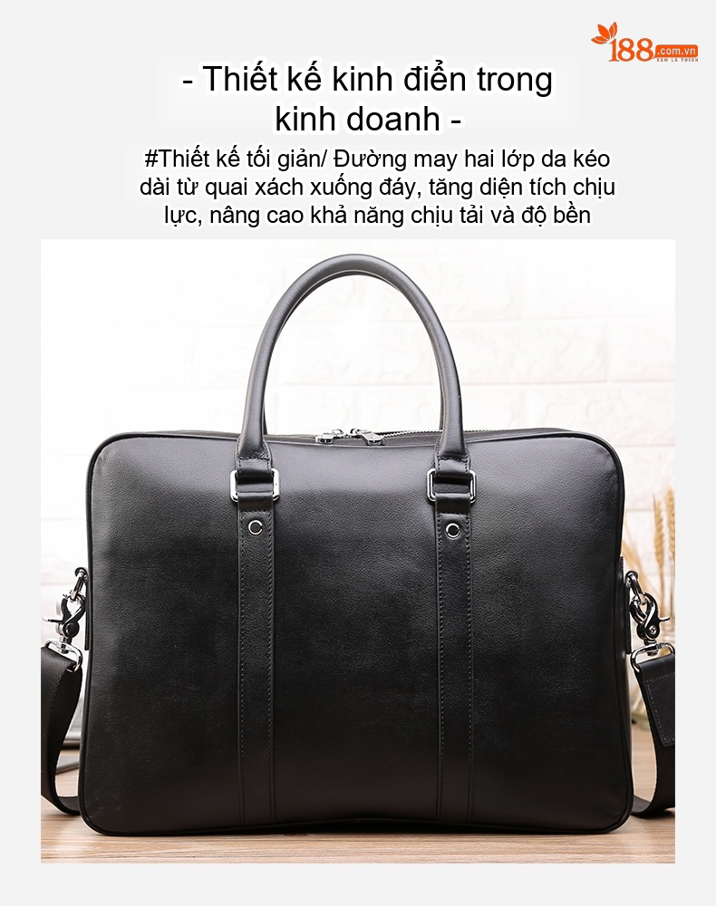 Cặp Túi Công Sở Nam Da Bò Đựng Laptop 14 Inch Đeo Vai Màu Đen chi tiết 2