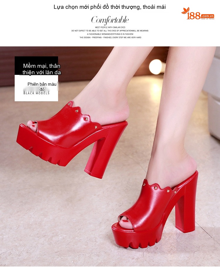 Dép Lười Nữ Hở Mũi Đế Xuồng Chiều Cao Đế Khoảng 8cm Màu Đỏ, Đen, Trắng chi tiết 2