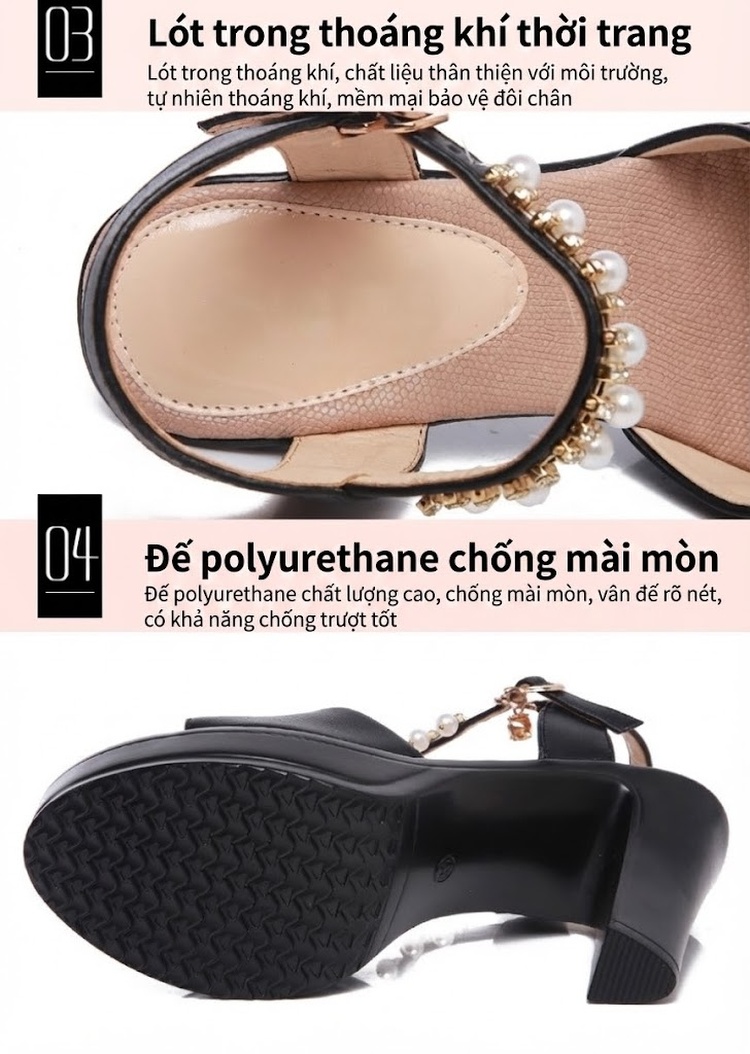 Giày Sandal Cao Gót Nữ Hở Ngón Quai Hậu Đế Xuồng Gót Cao 10cm-12cm Da Bóng Màu Đen, Trắng chi tiết 7