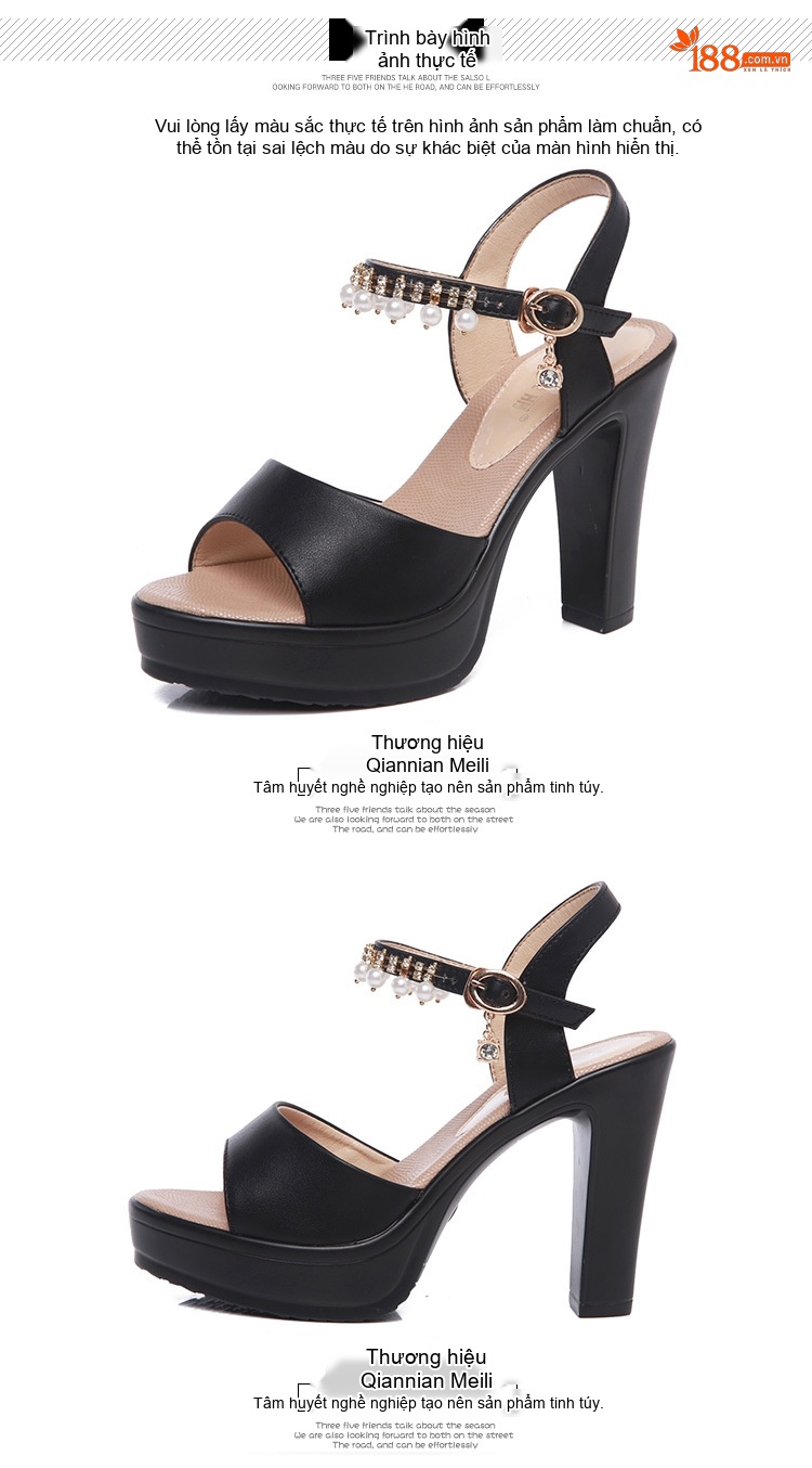 Giày Sandal Cao Gót Nữ Hở Ngón Quai Hậu Đế Xuồng Gót Cao 10cm-12cm Da Bóng Màu Đen, Trắng chi tiết 15