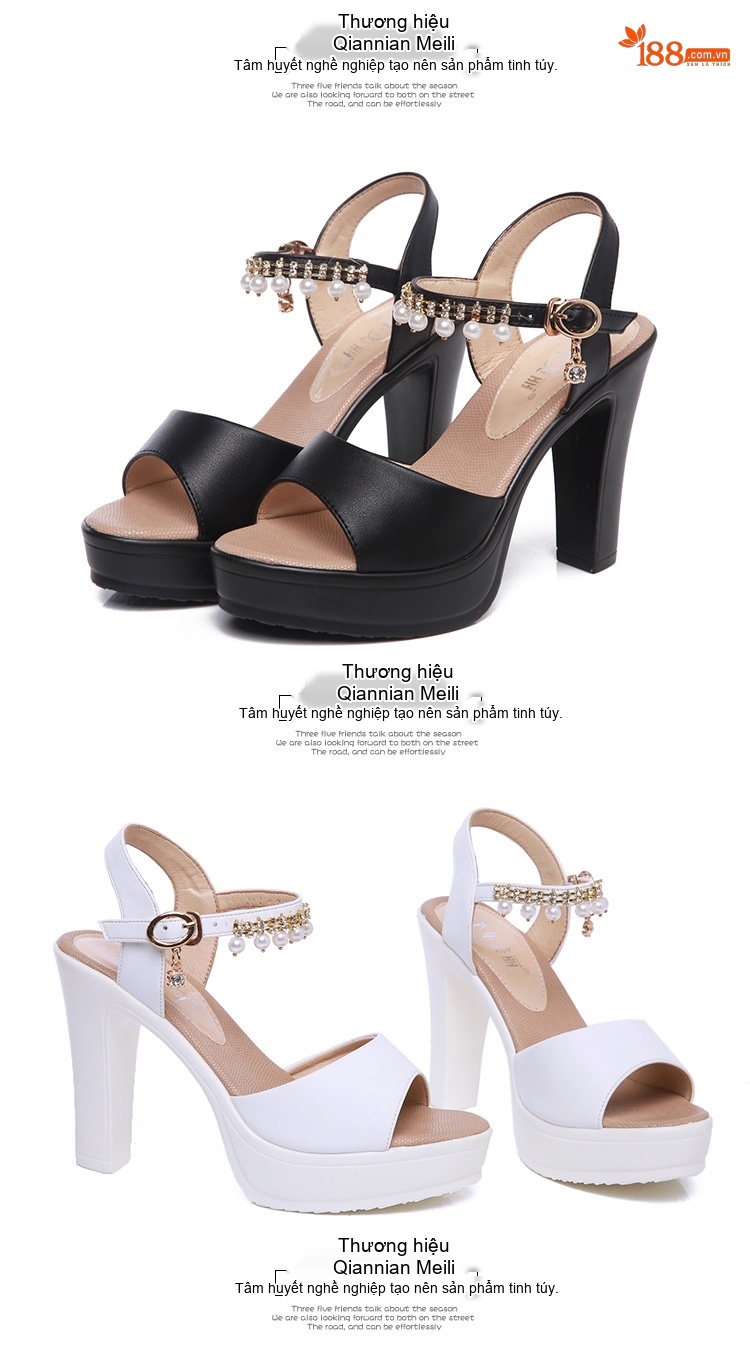 Giày Sandal Cao Gót Nữ Hở Ngón Quai Hậu Đế Xuồng Gót Cao 10cm-12cm Da Bóng Màu Đen, Trắng chi tiết 17