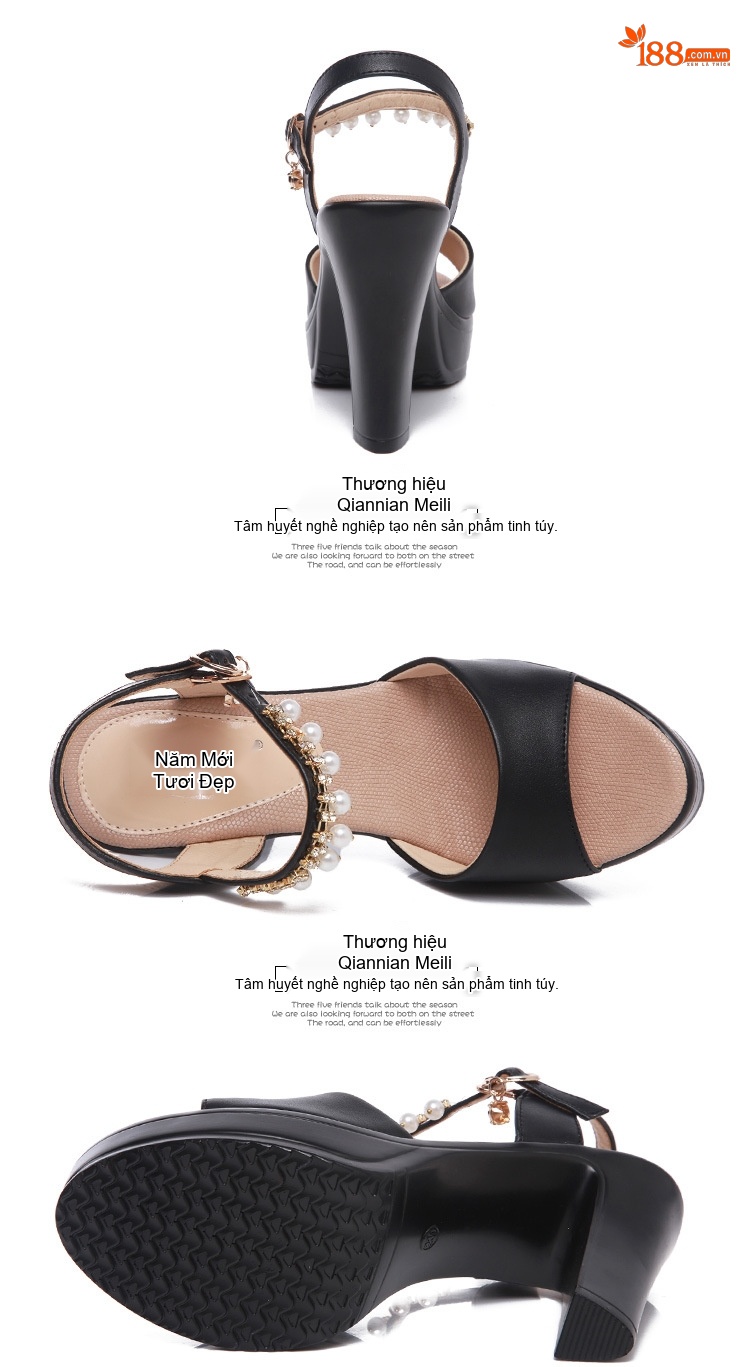 Giày Sandal Cao Gót Nữ Hở Ngón Quai Hậu Đế Xuồng Gót Cao 10cm-12cm Da Bóng Màu Đen, Trắng chi tiết 16
