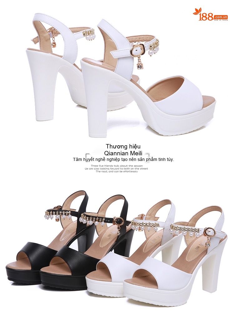 Giày Sandal Cao Gót Nữ Hở Ngón Quai Hậu Đế Xuồng Gót Cao 10cm-12cm Da Bóng Màu Đen, Trắng chi tiết 18