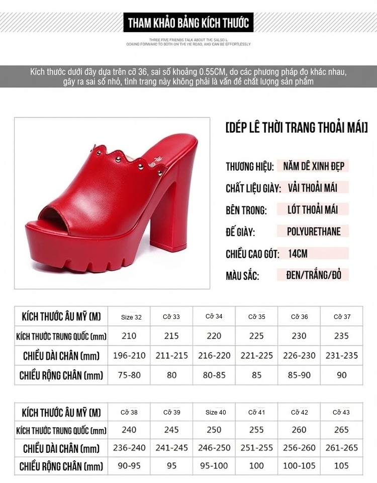 Dép Lười Nữ Hở Mũi Đế Xuồng Chiều Cao Đế Khoảng 8cm Màu Đỏ, Đen, Trắng chi tiết 3