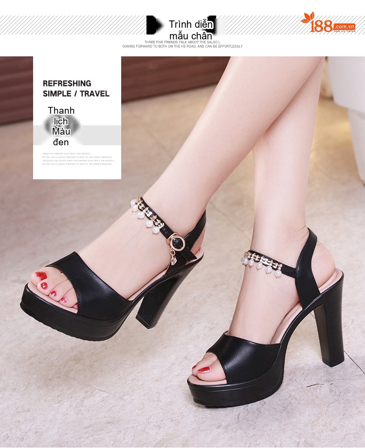 Giày Sandal Cao Gót Nữ Hở Ngón Quai Hậu Đế Xuồng Gót Cao 10cm-12cm Da Bóng Màu Đen, Trắng chi tiết 8