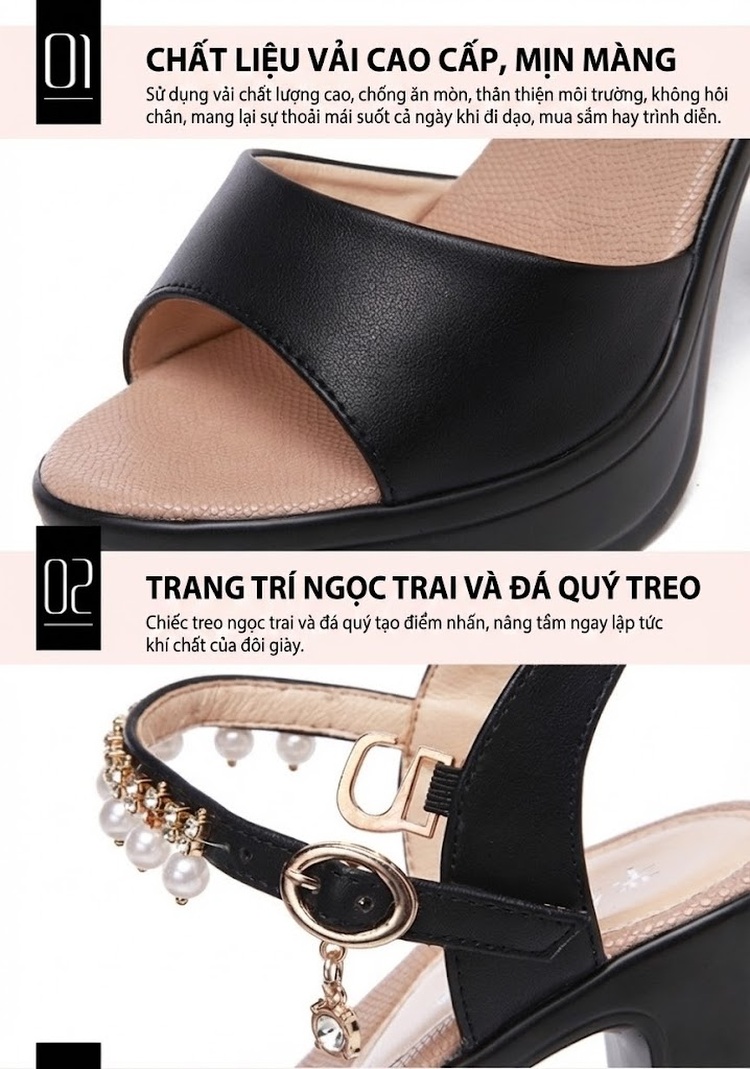Giày Sandal Cao Gót Nữ Hở Ngón Quai Hậu Đế Xuồng Gót Cao 10cm-12cm Da Bóng Màu Đen, Trắng chi tiết 6