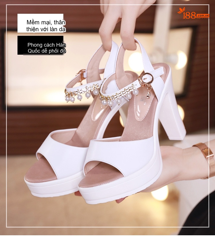 Giày Sandal Cao Gót Nữ Hở Ngón Quai Hậu Đế Xuồng Gót Cao 10cm-12cm Da Bóng Màu Đen, Trắng chi tiết 2