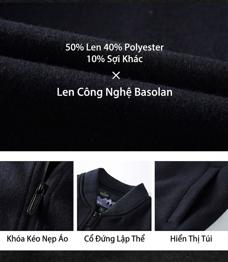 Áo Khoác Bomber Nam Vải Nỉ Dáng Rộng Màu Đen chi tiết 2