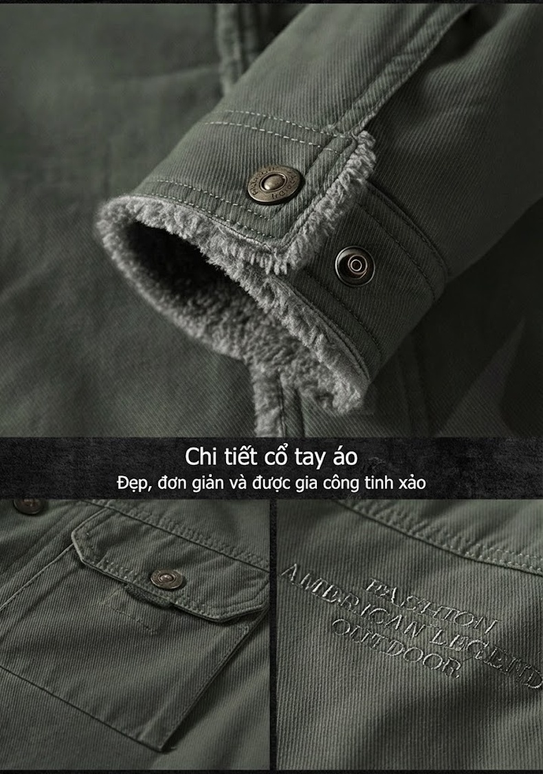Áo Khoác Bông Nam Lót Lông Cổ Bẻ Phong Cách Quân Đội Âu Mỹ Thời Trang Thu Đông Màu Xanh Olive, Kem, Xanh Navy chi tiết 22