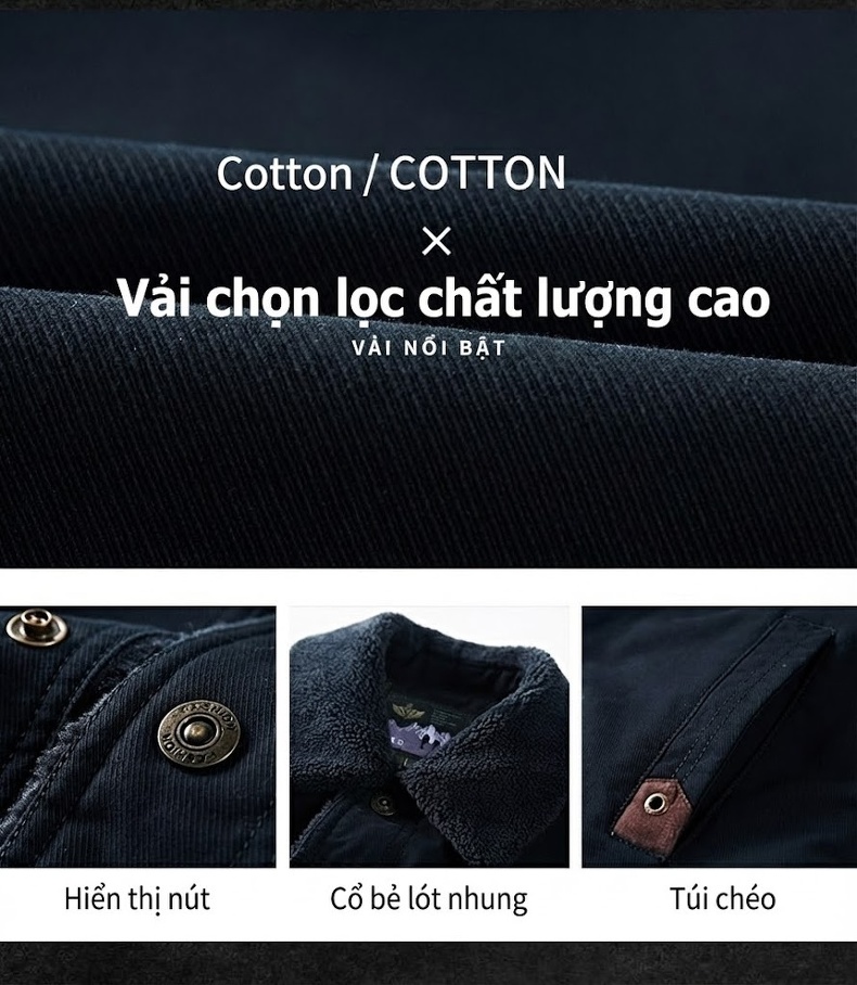Áo Khoác Nam Cotton Lót Lông Cừu Dày Dặn Cổ Bẻ Giữ Ấm Form Rộng Màu Nâu, Xanh Rêu, Xanh Navy chi tiết 3