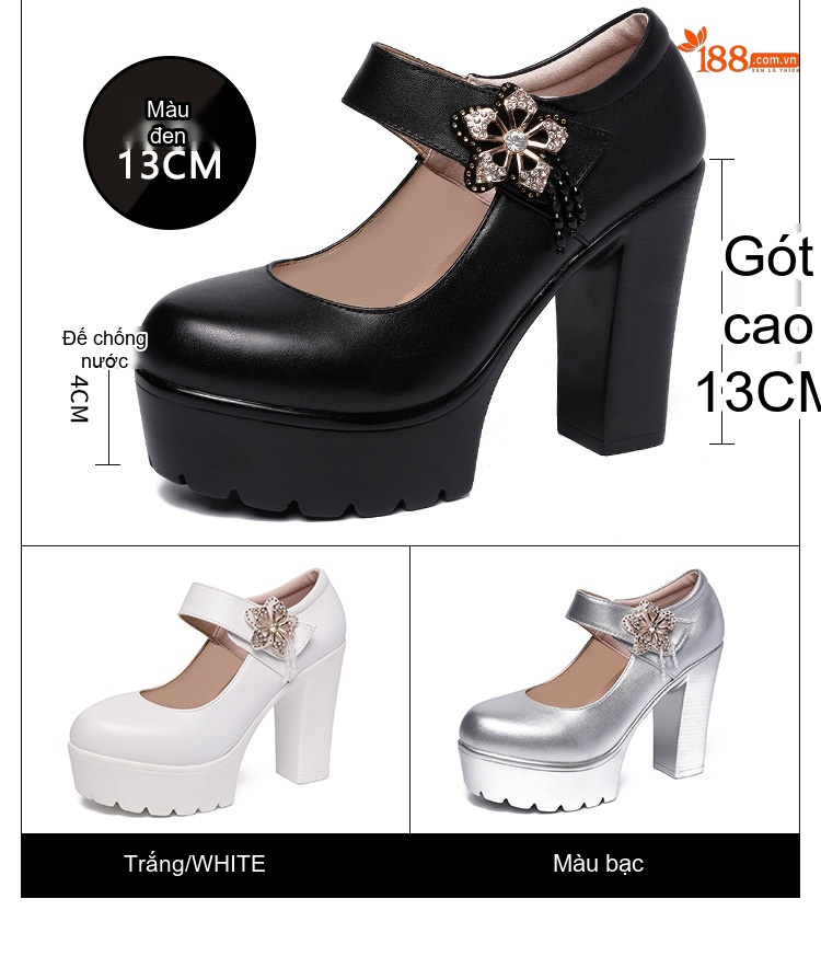 Giày Búp Bê Nữ Mũi Tròn Quai Ngang Đế Xuồng Chiều Cao Đế Khoảng 8cm Màu Đen, Trắng, Bạc chi tiết 4