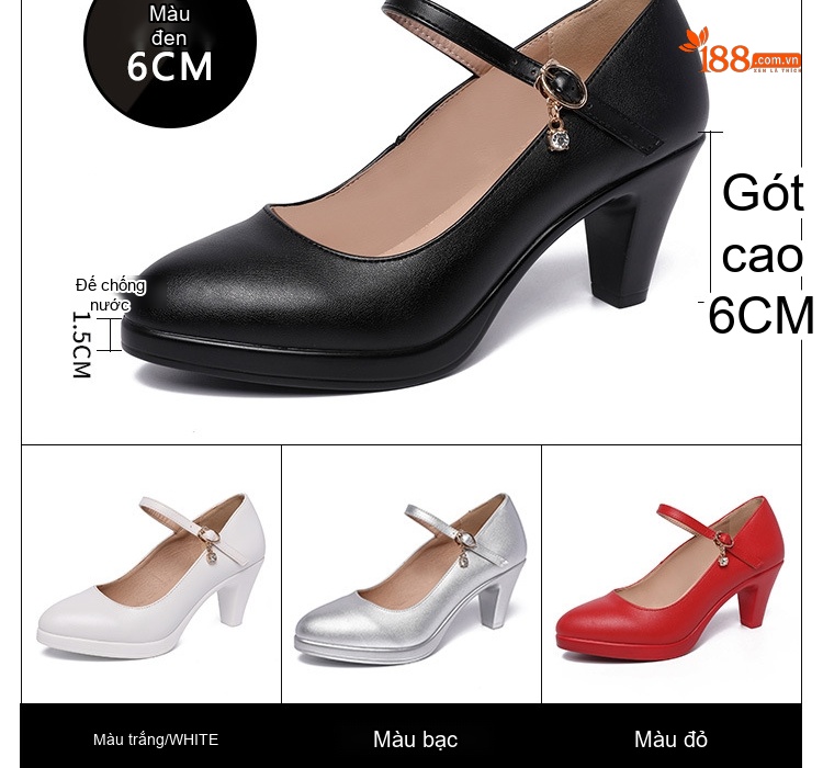 Giày Cao Gót Nữ Mũi Nhọn Quai Ngang Da Bóng Chiều Cao Đế Khoảng 6cm Màu Đen, Đỏ, Trắng, Bạc chi tiết 2