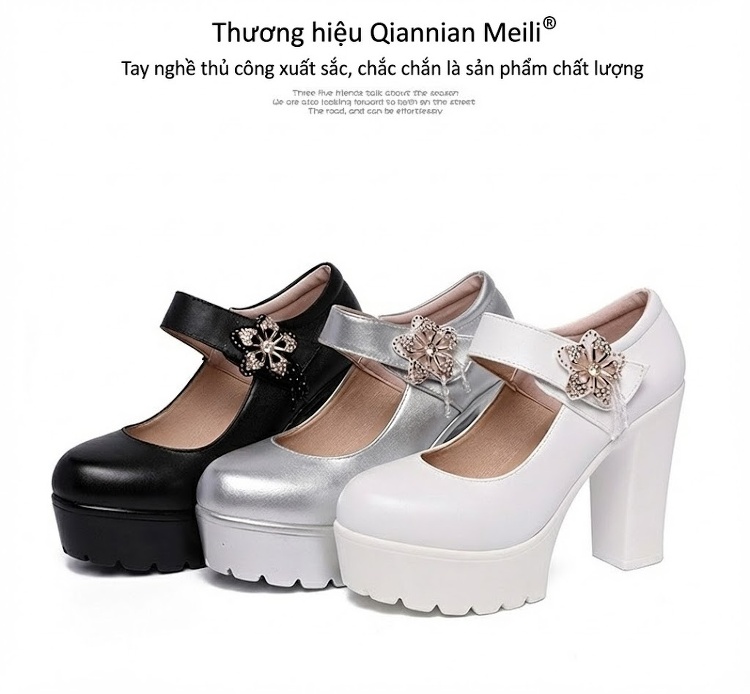 Giày Búp Bê Nữ Mũi Tròn Quai Ngang Đế Xuồng Chiều Cao Đế Khoảng 8cm Màu Đen, Trắng, Bạc chi tiết 18
