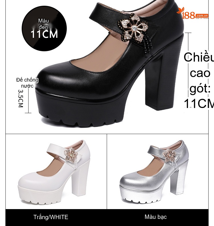 Giày Búp Bê Nữ Mũi Tròn Quai Ngang Đế Xuồng Chiều Cao Đế Khoảng 8cm Màu Đen, Trắng, Bạc chi tiết 3