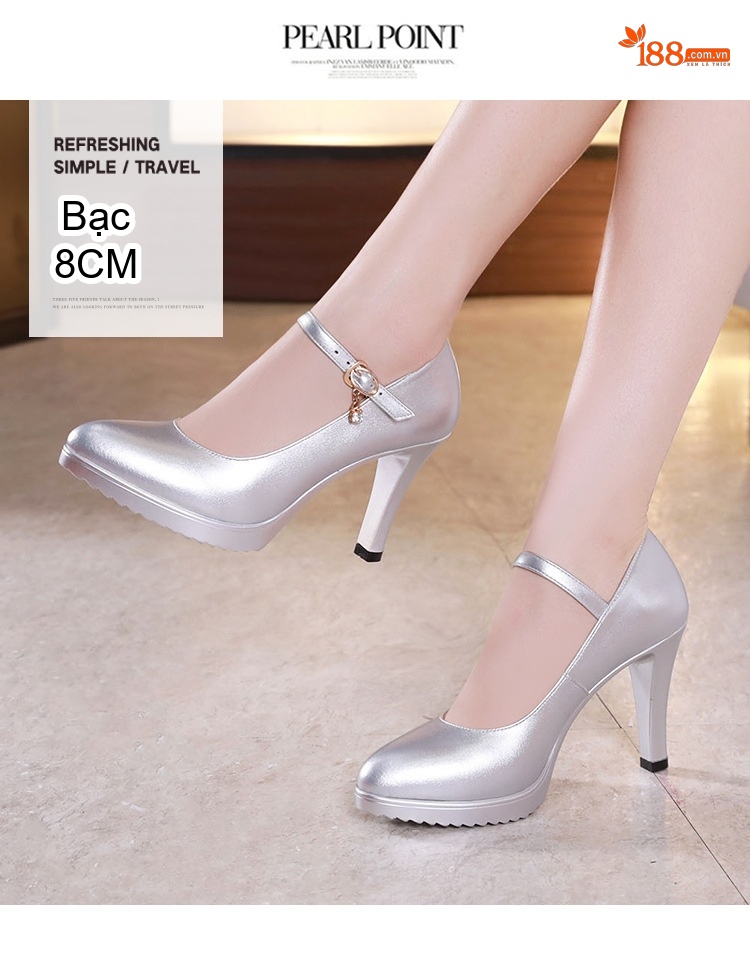 Giày Cao Gót Nữ Mũi Nhọn Quai Ngang Da Bóng Chiều Cao Đế Khoảng 6cm Màu Đen, Đỏ, Trắng, Bạc chi tiết 12