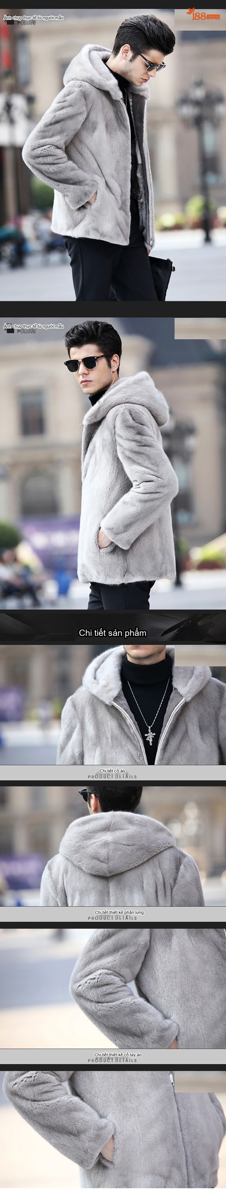 Áo Khoác Lông Nam Dáng Ôm Có Mũ Lông Chồn Nhân Tạo Màu Xám chi tiết 8