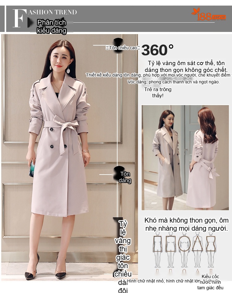 Áo Khoác Trench Coat Nữ Dáng Dài Thu Đông 2023 Thiết Kế Hàn Quốc Kèm Đai Eo Màu Be, Xanh Dương, Đen, Tím... chi tiết 3