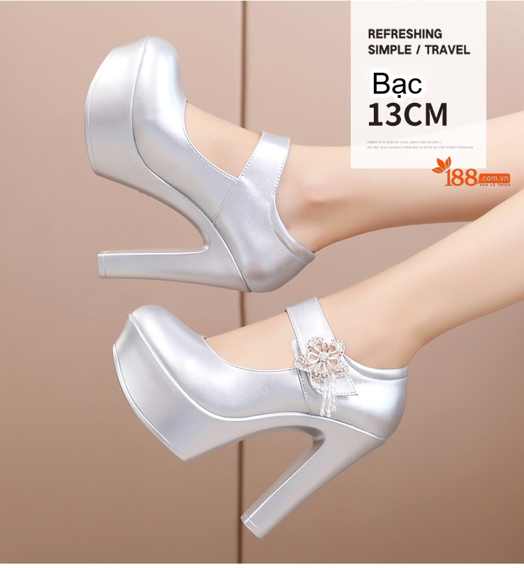 Giày Búp Bê Nữ Mũi Tròn Quai Ngang Đế Xuồng Chiều Cao Đế Khoảng 8cm Màu Đen, Trắng, Bạc chi tiết 12