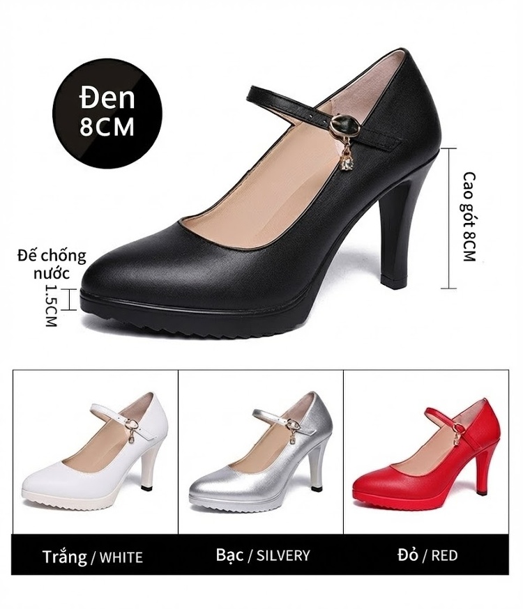 Giày Cao Gót Nữ Mũi Nhọn Quai Ngang Da Bóng Chiều Cao Đế Khoảng 6cm Màu Đen, Đỏ, Trắng, Bạc chi tiết 3