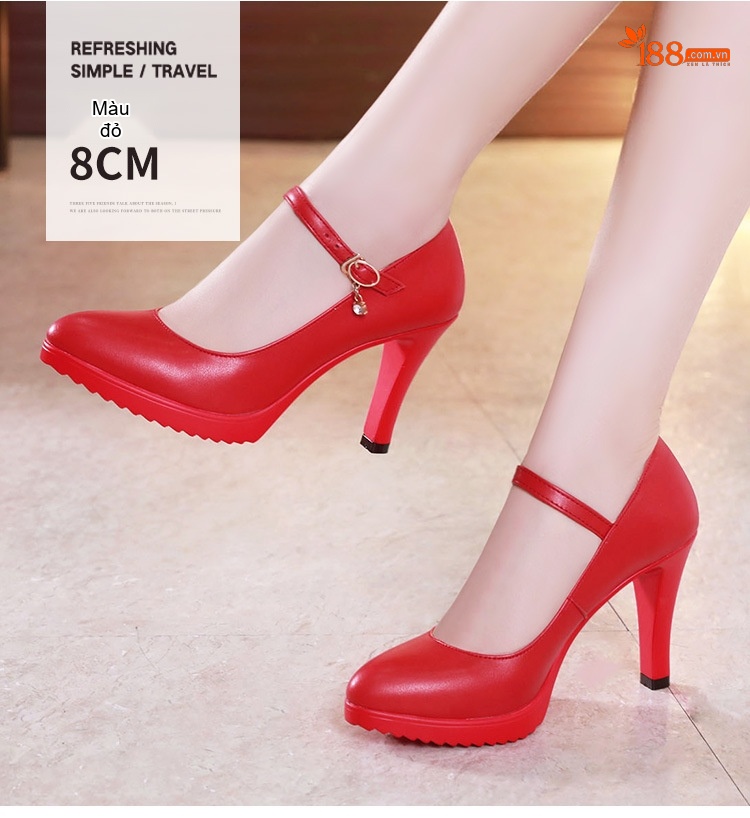 Giày Cao Gót Nữ Mũi Nhọn Quai Ngang Da Bóng Chiều Cao Đế Khoảng 6cm Màu Đen, Đỏ, Trắng, Bạc chi tiết 10