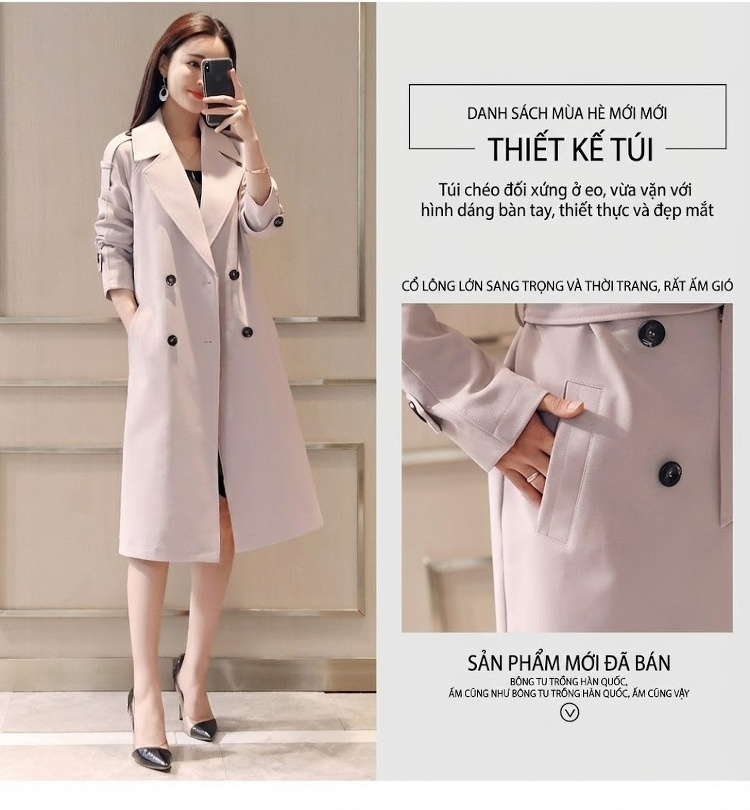 Áo Khoác Trench Coat Nữ Dáng Dài Thu Đông 2023 Thiết Kế Hàn Quốc Kèm Đai Eo Màu Be, Xanh Dương, Đen, Tím... chi tiết 4