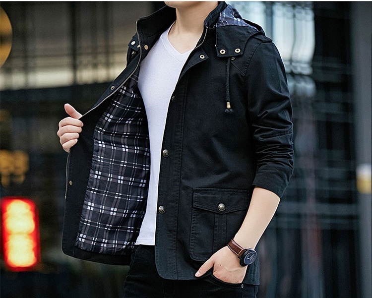 Áo Khoác Jacket Nam Cotton Có Mũ Trùm Đầu Phong Cách Công Sở Màu Nâu, Be, Đen, Xanh... chi tiết 11