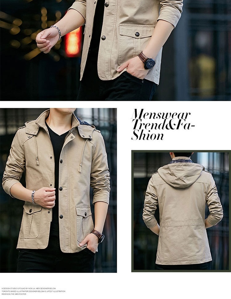Áo Khoác Jacket Nam Cotton Có Mũ Trùm Đầu Phong Cách Công Sở Màu Nâu, Be, Đen, Xanh... chi tiết 7