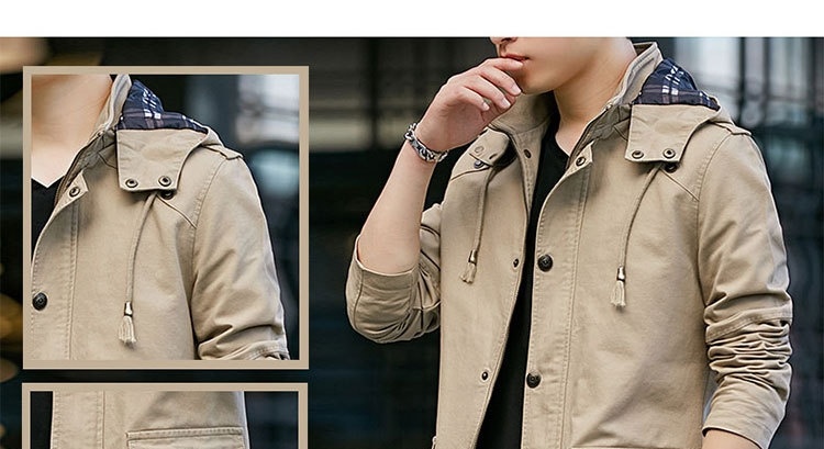 Áo Khoác Jacket Nam Cotton Có Mũ Trùm Đầu Phong Cách Công Sở Màu Nâu, Be, Đen, Xanh... chi tiết 8