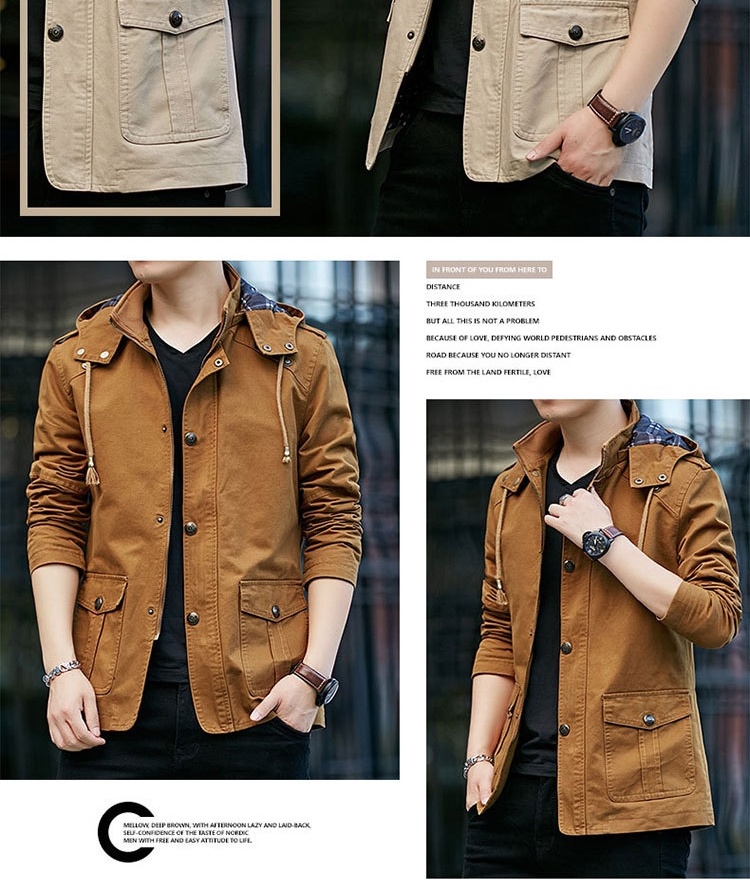 Áo Khoác Jacket Nam Cotton Có Mũ Trùm Đầu Phong Cách Công Sở Màu Nâu, Be, Đen, Xanh... chi tiết 9
