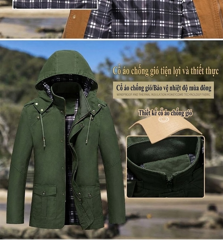 Áo Khoác Jacket Nam Cotton Có Mũ Trùm Đầu Phong Cách Công Sở Màu Nâu, Be, Đen, Xanh... chi tiết 4