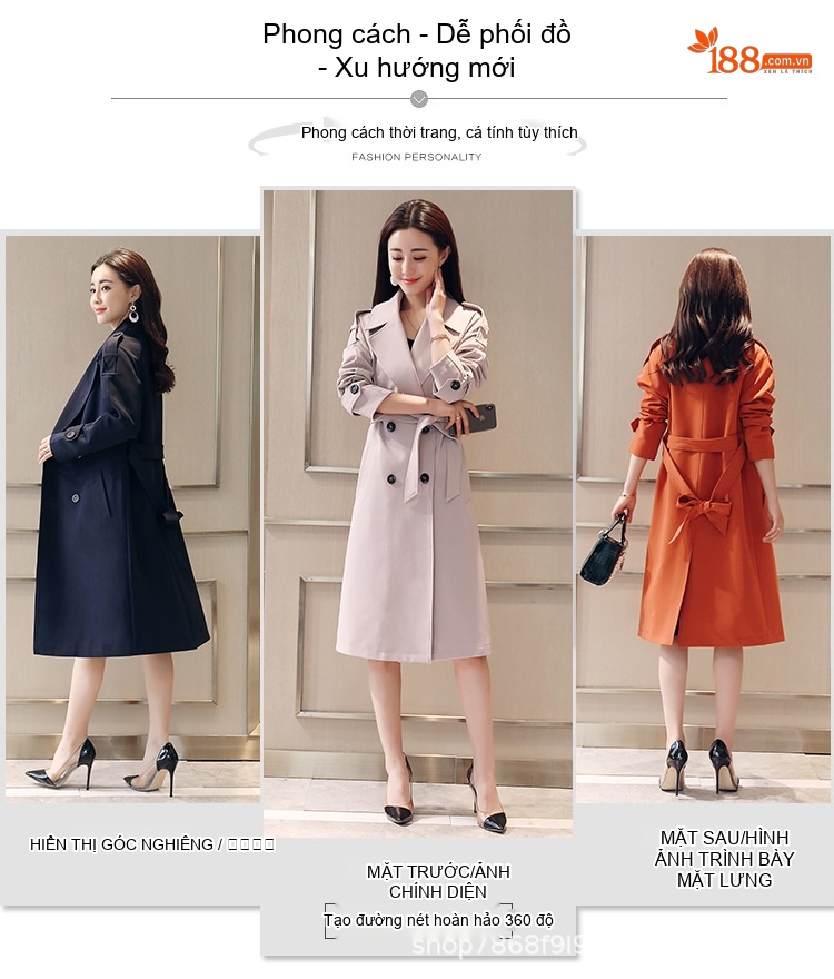 Áo Khoác Trench Coat Nữ Dáng Dài Thu Đông 2023 Thiết Kế Hàn Quốc Kèm Đai Eo Màu Be, Xanh Dương, Đen, Tím... chi tiết 2