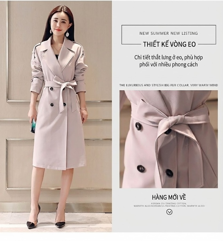 Áo Khoác Trench Coat Nữ Dáng Dài Thu Đông 2023 Thiết Kế Hàn Quốc Kèm Đai Eo Màu Be, Xanh Dương, Đen, Tím... chi tiết 5