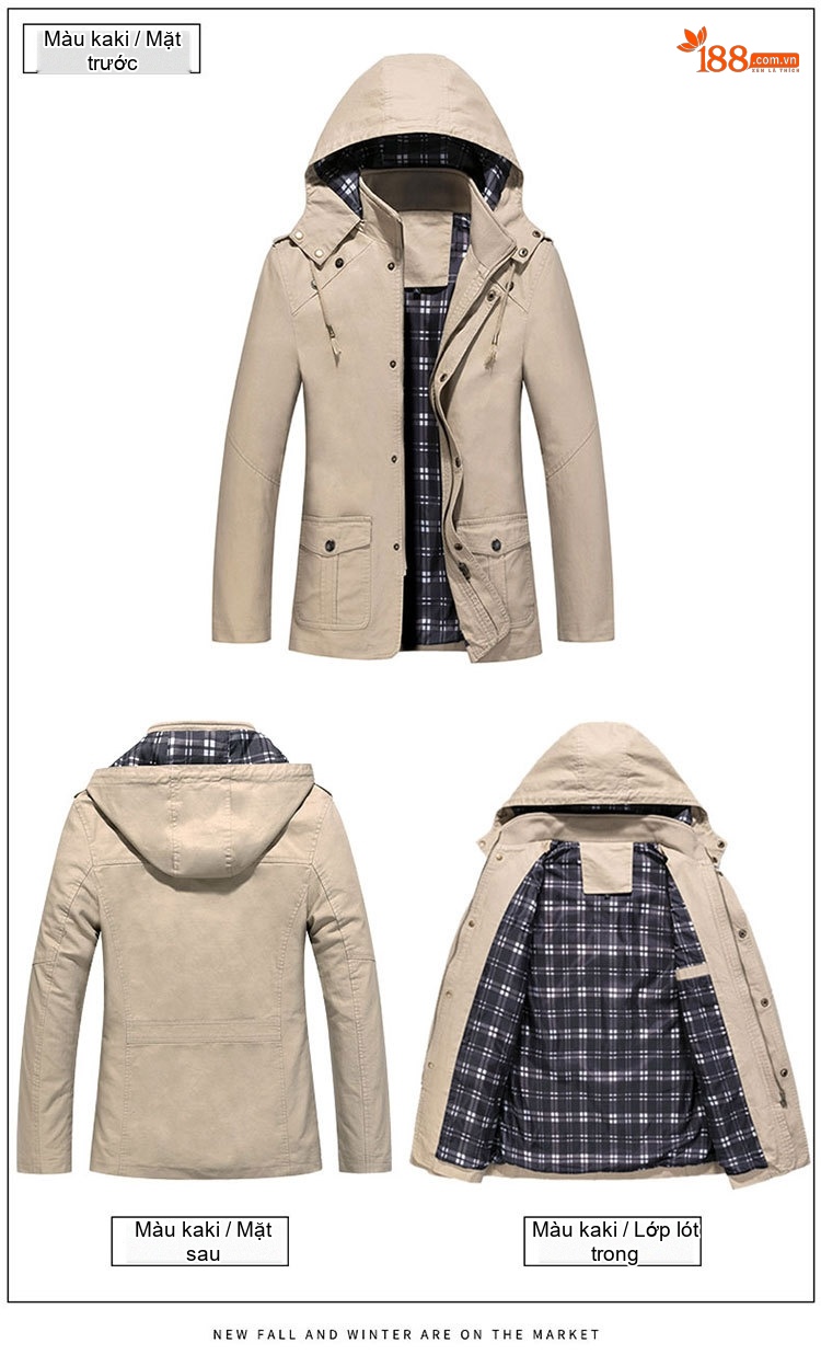 Áo Khoác Jacket Nam Cotton Có Mũ Trùm Đầu Phong Cách Công Sở Màu Nâu, Be, Đen, Xanh... chi tiết 17