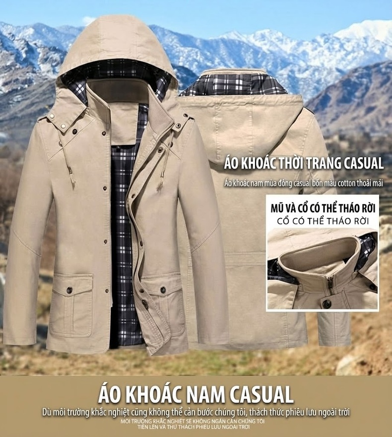 Áo Khoác Kaki Nam Có Mũ Trùm Đầu Cotton Dáng Ôm Màu Xanh Olive, Be, Nâu, Đen chi tiết 1