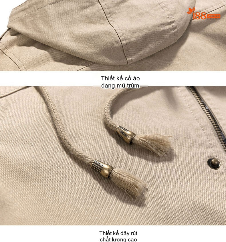 Áo Khoác Kaki Nam Có Mũ Trùm Đầu Cotton Dáng Ôm Màu Xanh Olive, Be, Nâu, Đen chi tiết 23