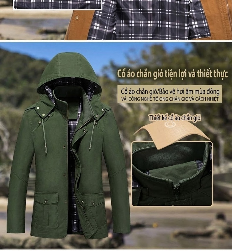 Áo Khoác Kaki Nam Có Mũ Trùm Đầu Cotton Dáng Ôm Màu Xanh Olive, Be, Nâu, Đen chi tiết 5