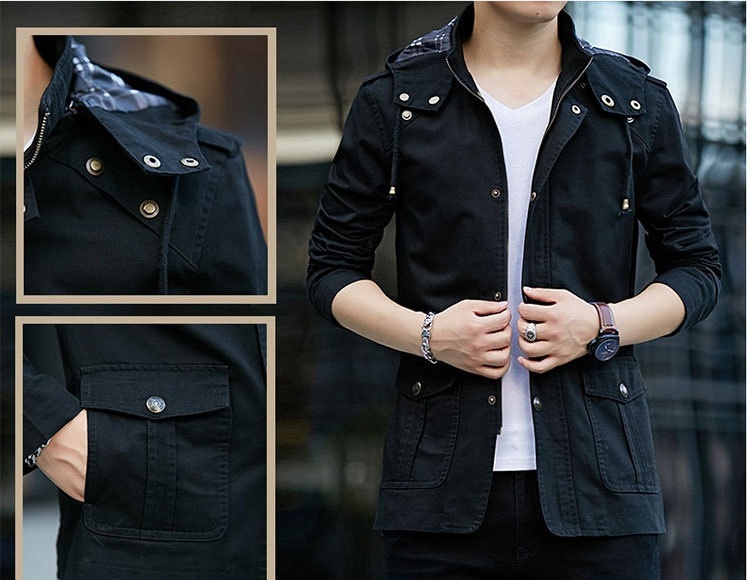 Áo Khoác Jacket Nam Cotton Có Mũ Trùm Đầu Phong Cách Công Sở Màu Nâu, Be, Đen, Xanh... chi tiết 13
