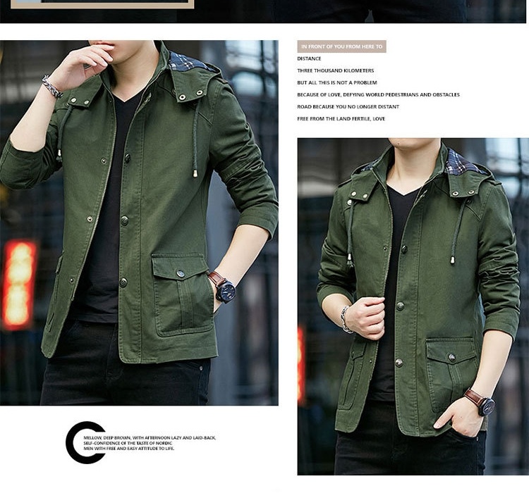 Áo Khoác Jacket Nam Cotton Có Mũ Trùm Đầu Phong Cách Công Sở Màu Nâu, Be, Đen, Xanh... chi tiết 14