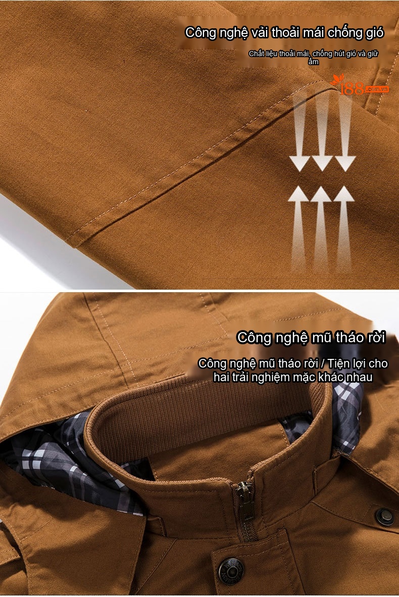 Áo Khoác Kaki Nam Có Mũ Trùm Đầu Cotton Dáng Ôm Màu Xanh Olive, Be, Nâu, Đen chi tiết 3