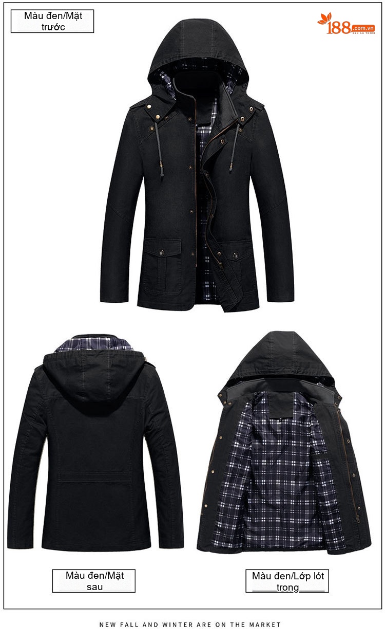 Áo Khoác Jacket Nam Cotton Có Mũ Trùm Đầu Phong Cách Công Sở Màu Nâu, Be, Đen, Xanh... chi tiết 19